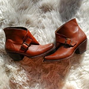 John Fluevog short buckle brown leather boot